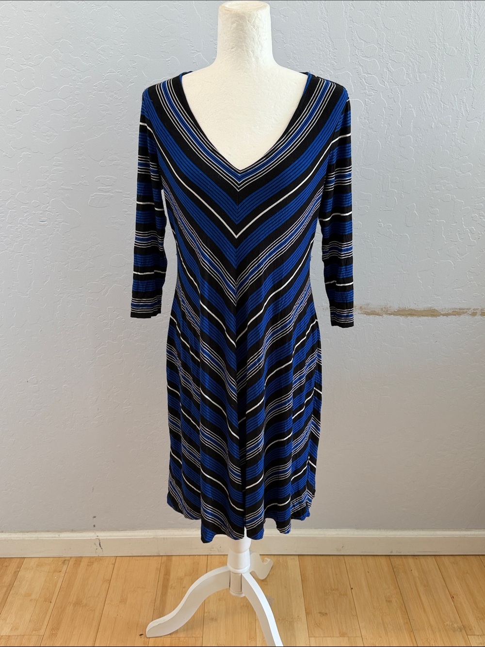 Calvin Klein Blue and Black Striped V-Neck Midi Dress